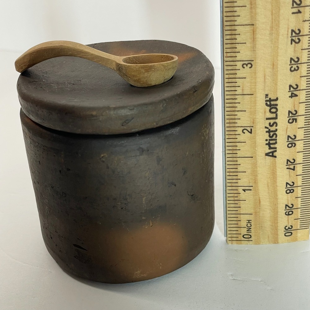 Artisanal Salt Cellar Set Smoke Fired Clay and Carved Stone with Spoons - Picture 8 of 16